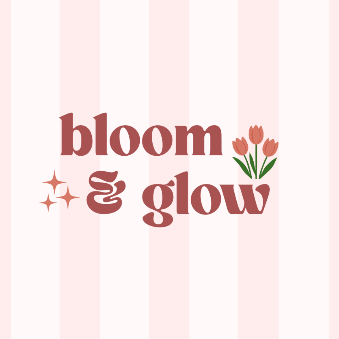 Text 'bloom & glow' with floral elements on a pink striped background
