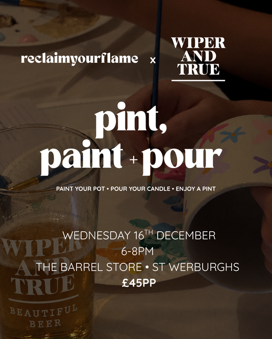 A poster displaying details for an upcoming pint, paint and pour workshop. The image displays a person painting a candle with a pint on the table. The workshop entails painting a jar, pouring a candle into it and having a pint. It’s on the 16th December 6-8pm. 